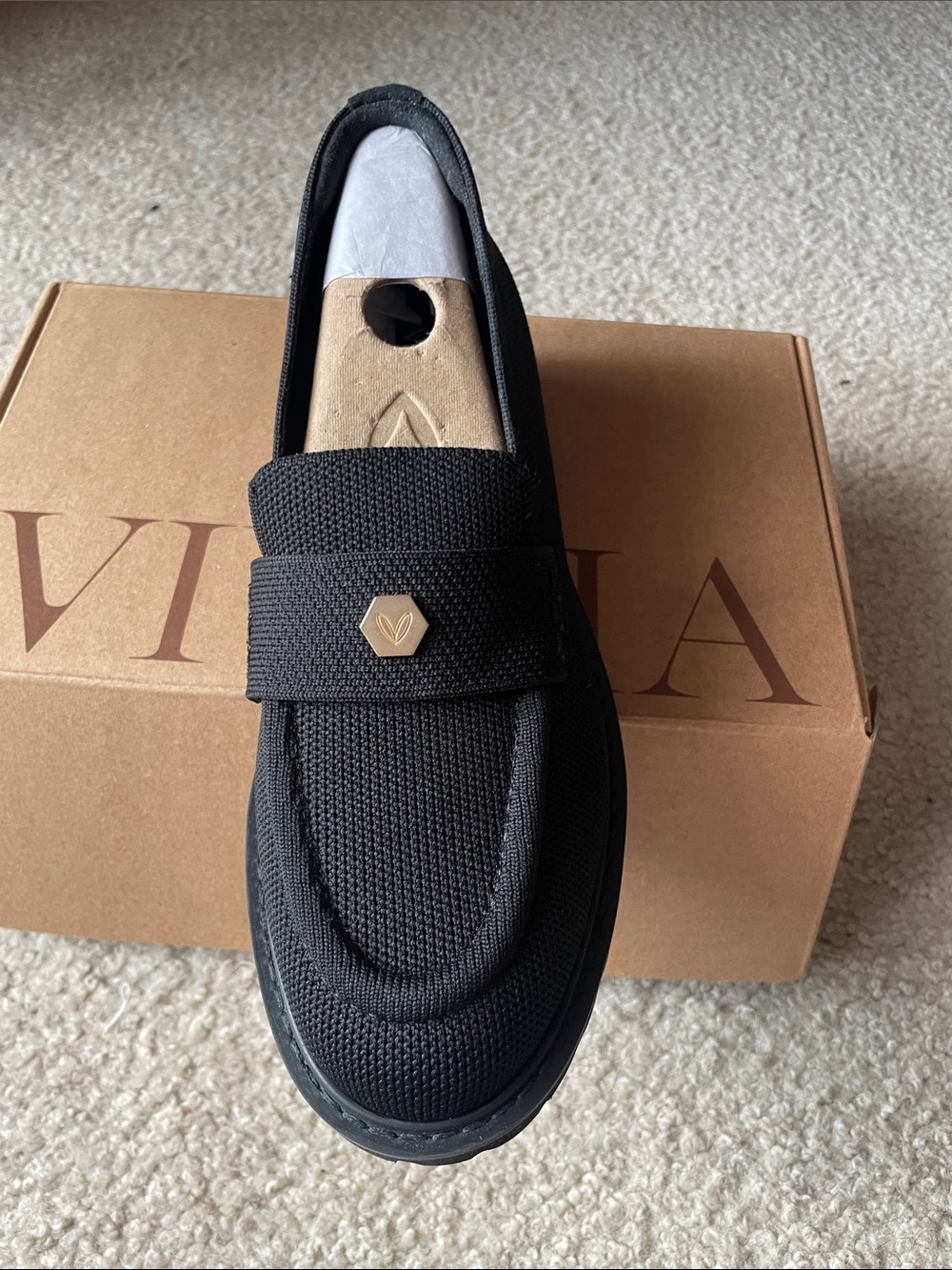 Vivaia Women’s Black Knit Slip-On Loafer with Gold Accent